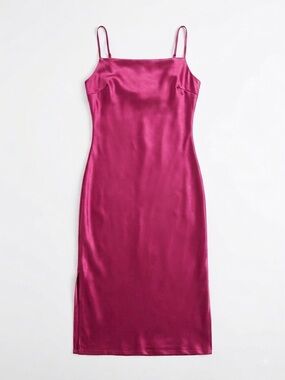Xxxiticat Fuchsia Satin Slip Midi Dress with Spaghetti Straps